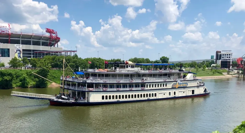 The General Jackson showboat on the Cumberland River, with Nissan Stadium on the far bank