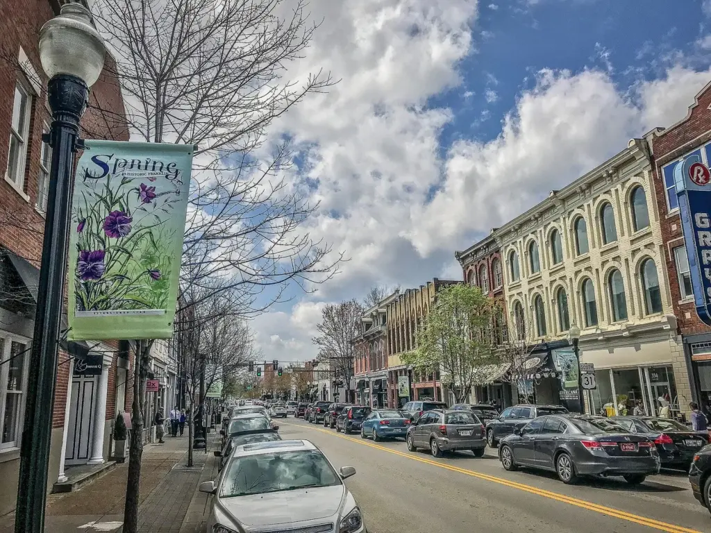 Downtown Franklin's Main Street lined with brick storefronts, the most popular of the day trips from Nashville