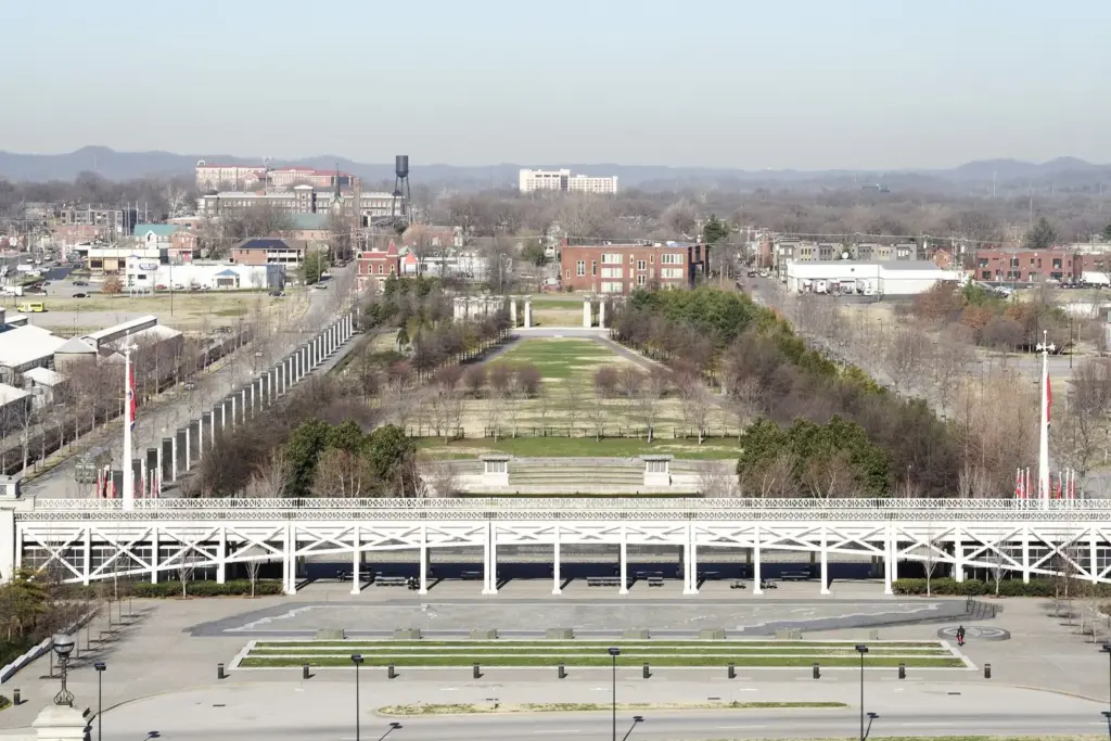 Bicentennial Capitol Mall State Park stretching north from the Tennessee State Capitol, seen from above