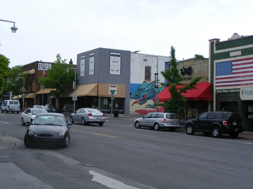 Shops, awnings and parked cars along 21st Avenue South in Hillsboro Village