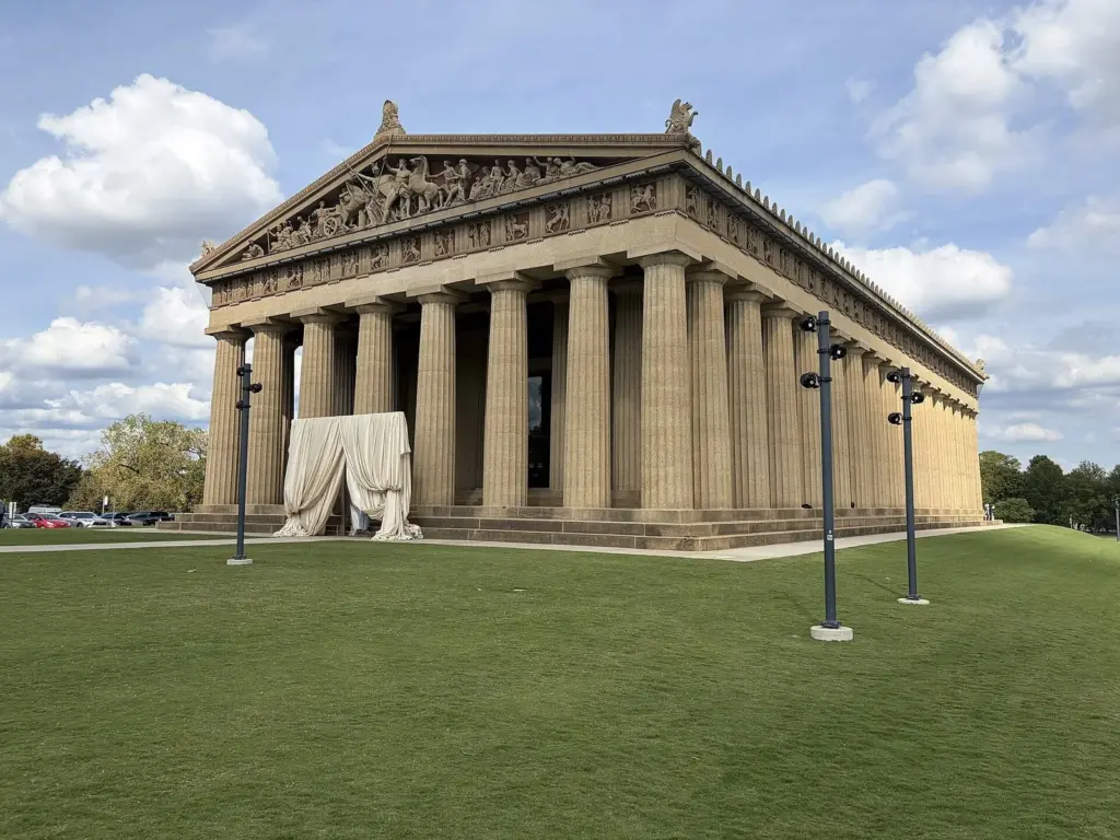 The full-scale replica of the Parthenon standing on a lawn in Nashville's Centennial Park