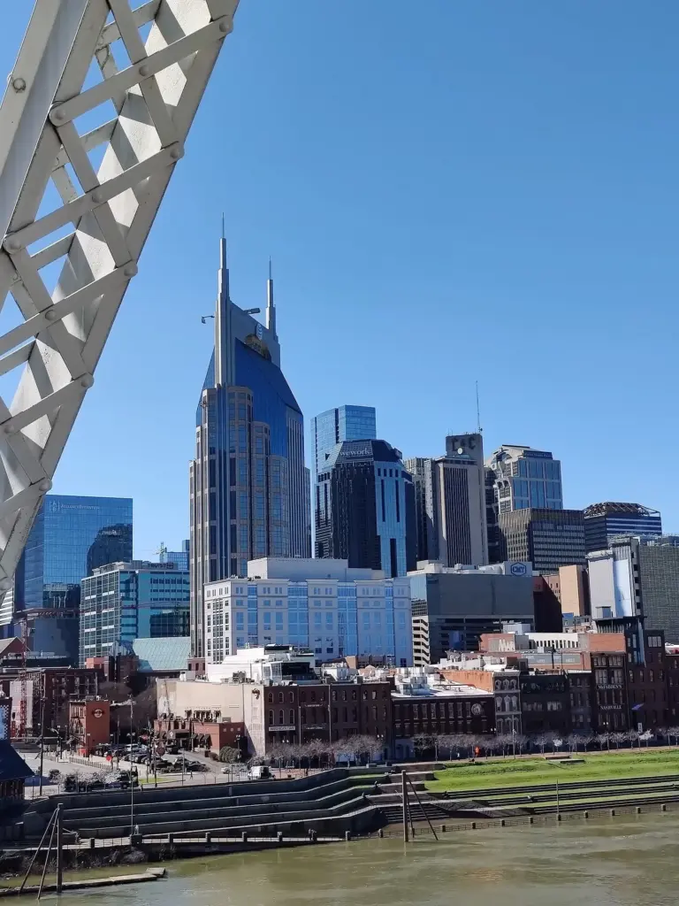 Downtown Nashville's towers seen from the John Seigenthaler Pedestrian Bridge over the Cumberland River