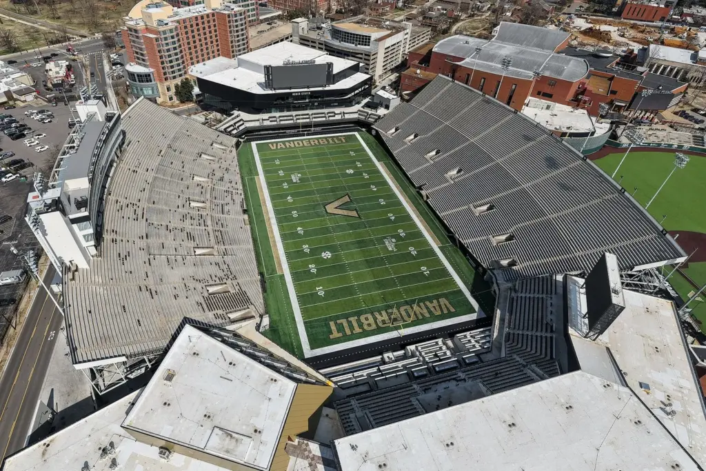Aerial view of FirstBank Stadium on the Vanderbilt campus with its end zones and grandstands