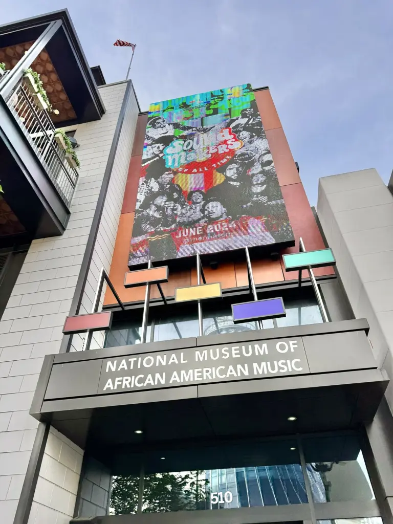 The entrance of the National Museum of African American Music at Fifth + Broadway