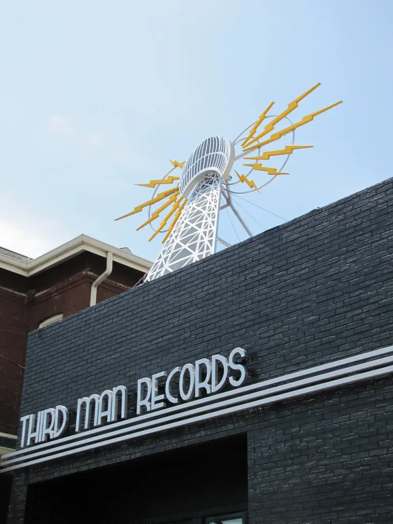 The Third Man Records building with its black sign and a yellow lightning-bolt tower on the roof
